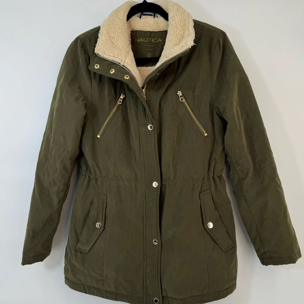NAUTICA Olive Green Water Resistant Parka Jacket Size S Utility, Minimalist